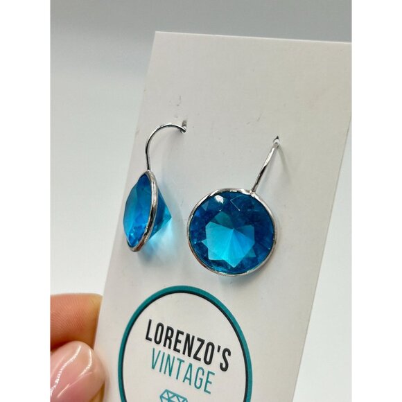 Sterling Silver Blue Earrings Crystal Round Drop Dangles Hook Earrings Aqua Blue - Picture 5 of 7